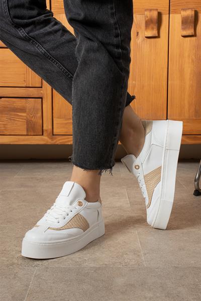 LİKA Beyaz-Bej Suni Deri Kadın Sneakers