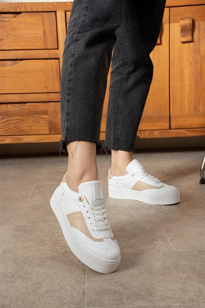 LİKA Beyaz-Bej Suni Deri Kadın Sneakers