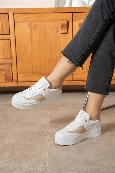 LİKA Beyaz-Bej Suni Deri Kadın Sneakers