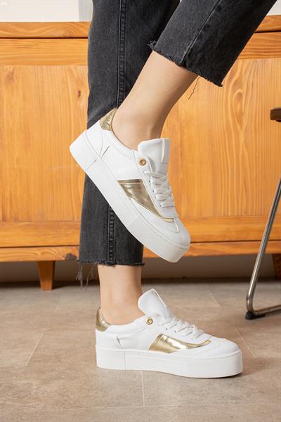 LİKA Beyaz-Gold Suni Deri Kadın Sneakers