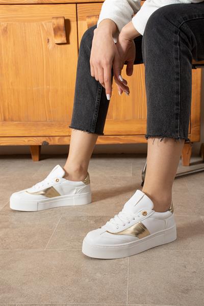 LİKA Beyaz-Gold Suni Deri Kadın Sneakers