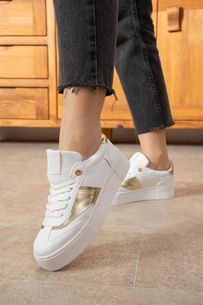LİKA Beyaz-Gold Suni Deri Kadın Sneakers