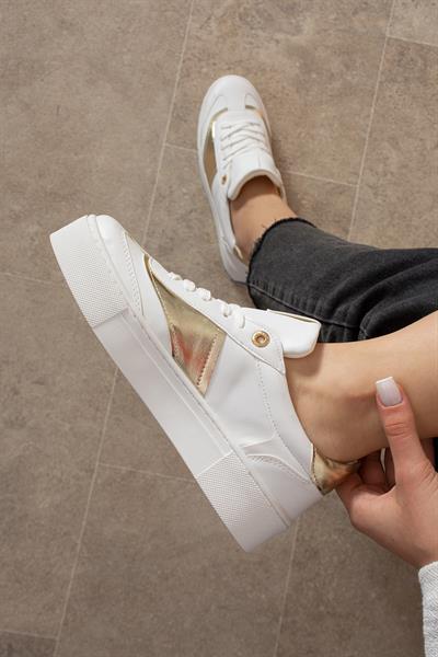 LİKA Beyaz-Gold Suni Deri Kadın Sneakers