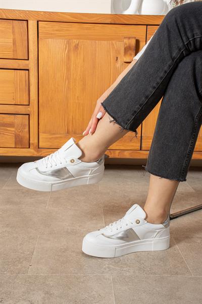 LİKA Beyaz-Gümüş Suni Deri Kadın Sneakers