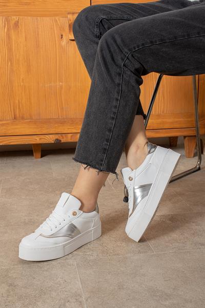 LİKA Beyaz-Gümüş Suni Deri Kadın Sneakers