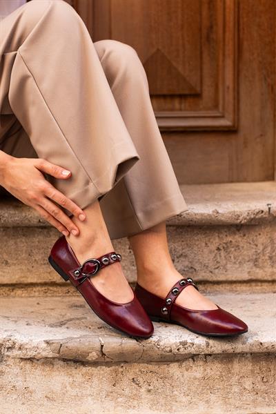 LİLE Bordo Suni Deri  Kadın Babet