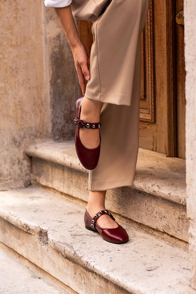 LİLE Bordo Suni Deri  Kadın Babet