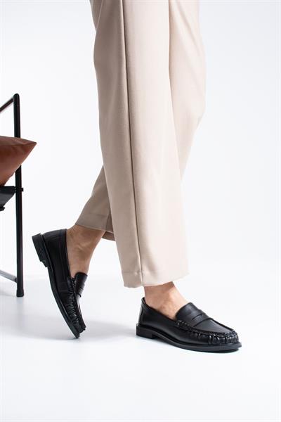 MONTE Kadın Siyah Cilt Klasik Loafer Ayakkabı Düz Taban Günlük Kullanım