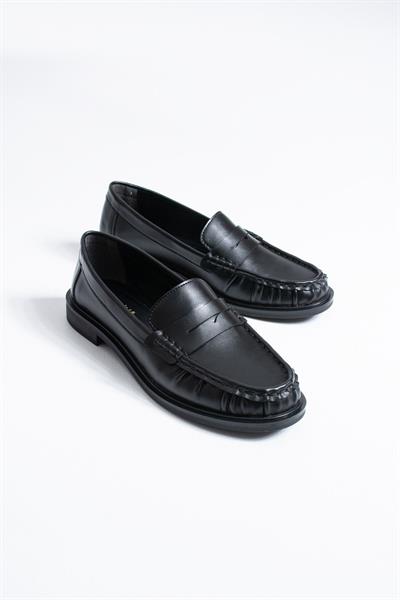 MONTE Kadın Siyah Cilt Klasik Loafer Ayakkabı Düz Taban Günlük Kullanım