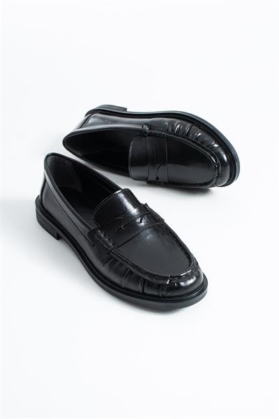 MONTE Kadın Siyah Cilt Klasik Loafer Ayakkabı Düz Taban Günlük Kullanım