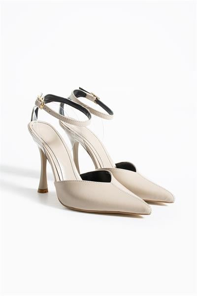 RACHEL Bej Sivri Burun Stiletto | Şeffaf Yan Detaylı Topuklu Kadın Ayakkabı