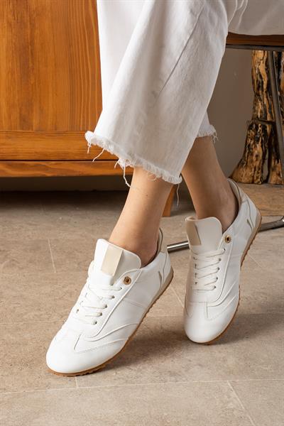 ROSE Beyaz-Bej Suni Deri Kadın Sneakers