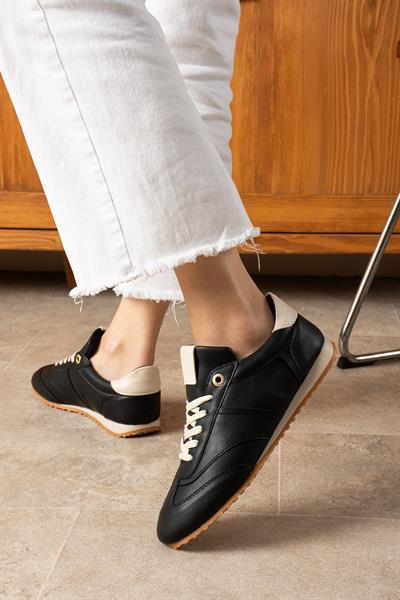 ROSE Siyah-Bej Suni Deri Kadın Sneakers