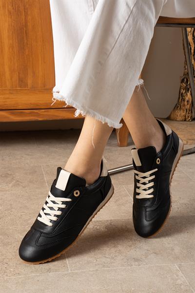 ROSE Siyah-Bej Suni Deri Kadın Sneakers