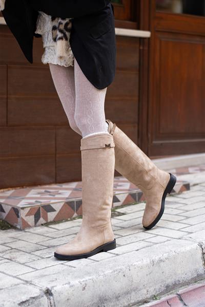VAGNER Bej Uzun Konç Kaymaz Rahat Taban Süet Dokulu Kışlık Çizme