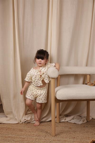 Bağcıklı Fiyonk Desenli Kız Şort Takım