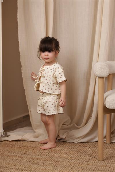 Bağcıklı Fiyonk Desenli Kız Şort Takım
