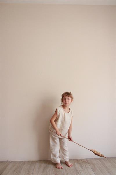 Bej Çizgili Asimetrik Cepli Müslin Takım