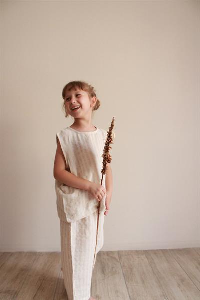 Bej Çizgili Asimetrik Cepli Müslin Takım