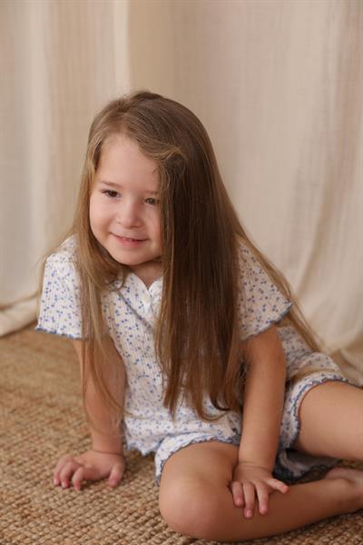 Mavi Çiçek Baskı Kız Şort Takım