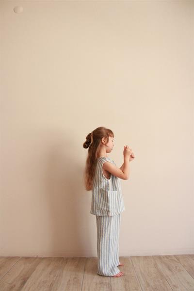 Mavi Çizgili Asimetrik Cepli Müslin Takım