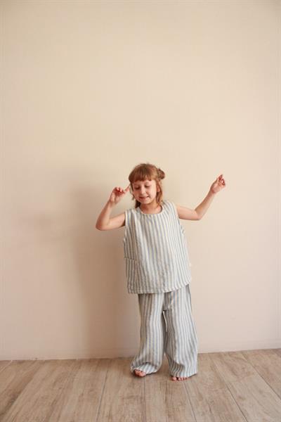 Mavi Çizgili Asimetrik Cepli Müslin Takım