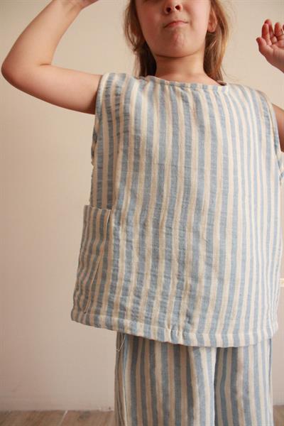 Mavi Çizgili Asimetrik Cepli Müslin Takım