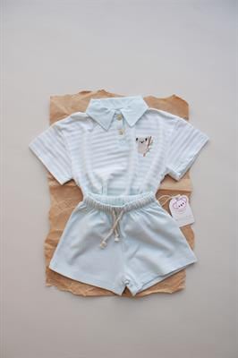 Mavi Çizgili Koala Nakışlı Polo Yaka Şortlu Takım