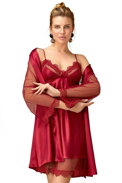 Dantel Detaylı Saten Gecelik ve Sabahlık Takımı Kimono Set