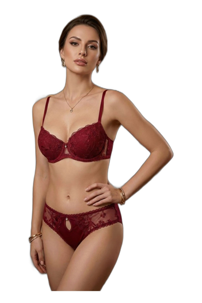 Kadın Brodeli Push Up Dolgulu Silikonlu B Cup Sütyen Takımı – LJ5105