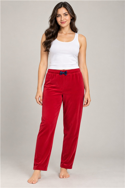 MV05 Kadın Kırmızı Düz Renk Uzun Tek Alt Pijama, F