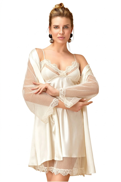 Dantel Detaylı Saten Gecelik ve Sabahlık Takımı Kimono Set
