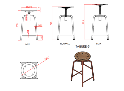 Tabu Ayarlanabilir Renkli Tabure 
