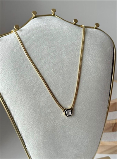 Balık sırtı zincir 14K altın kaplama ortası taşlı kolye 45 cm 