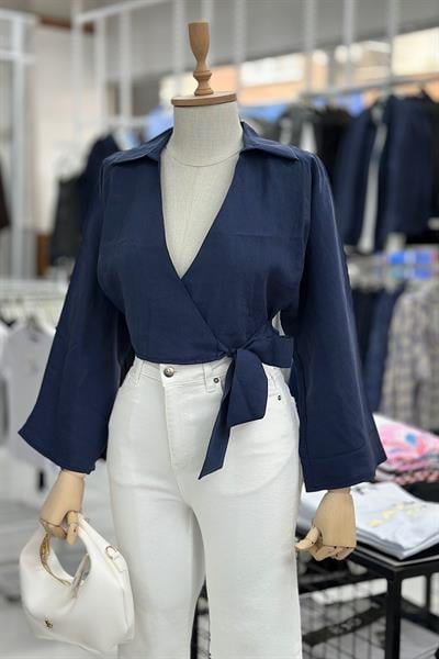 BAĞLAMALI GENİŞ KOL TENSEL GÖMLEK-Lacivert