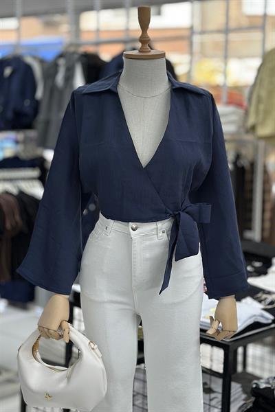 BAĞLAMALI GENİŞ KOL TENSEL GÖMLEK-Lacivert