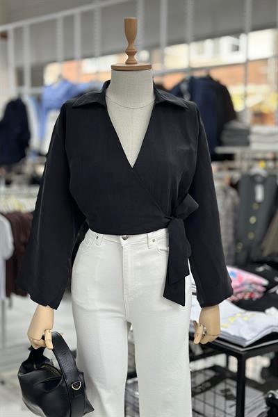 BAĞLAMALI GENİŞ KOL TENSEL GÖMLEK-Siyah