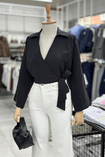 BAĞLAMALI GENİŞ KOL TENSEL GÖMLEK-Siyah