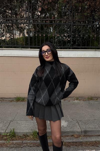 BALIKÇI YAKA BAKLAVA DESEN KAZAK-Gri