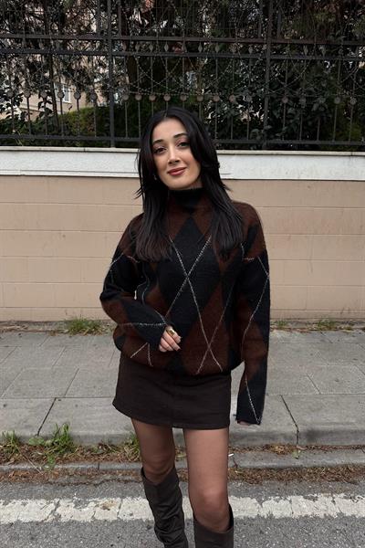 BALIKÇI YAKA BAKLAVA DESEN KAZAK-Kahve