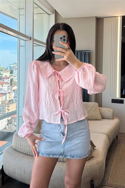 BEBE YAKA BAĞLAMALI GÖMLEK-Pembe