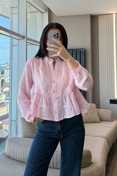 DANTEL İŞLEME VOLANLI GÖMLEK-Pembe