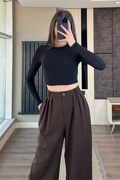 DÜĞMELİ PLELİ PALAZZO PANTOLON-Kahve