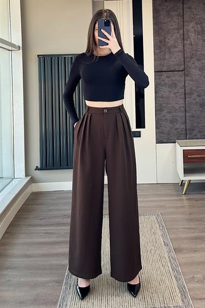 DÜĞMELİ PLELİ PALAZZO PANTOLON-Kahve