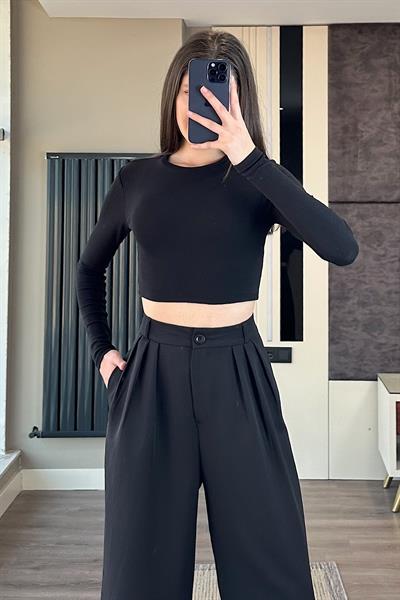 DÜĞMELİ PLELİ PALAZZO PANTOLON-Siyah