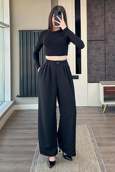 DÜĞMELİ PLELİ PALAZZO PANTOLON-Siyah