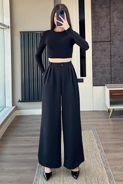 DÜĞMELİ PLELİ PALAZZO PANTOLON-Siyah