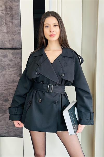 ELZEY EKOSE ASTARLI TRENCH-Siyah