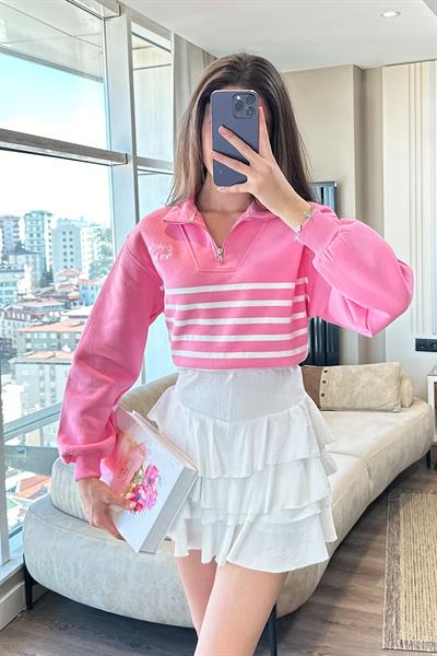 ENA YAKASI FERMUARLI SWEAT-Pembe