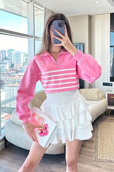 ENA YAKASI FERMUARLI SWEAT-Pembe